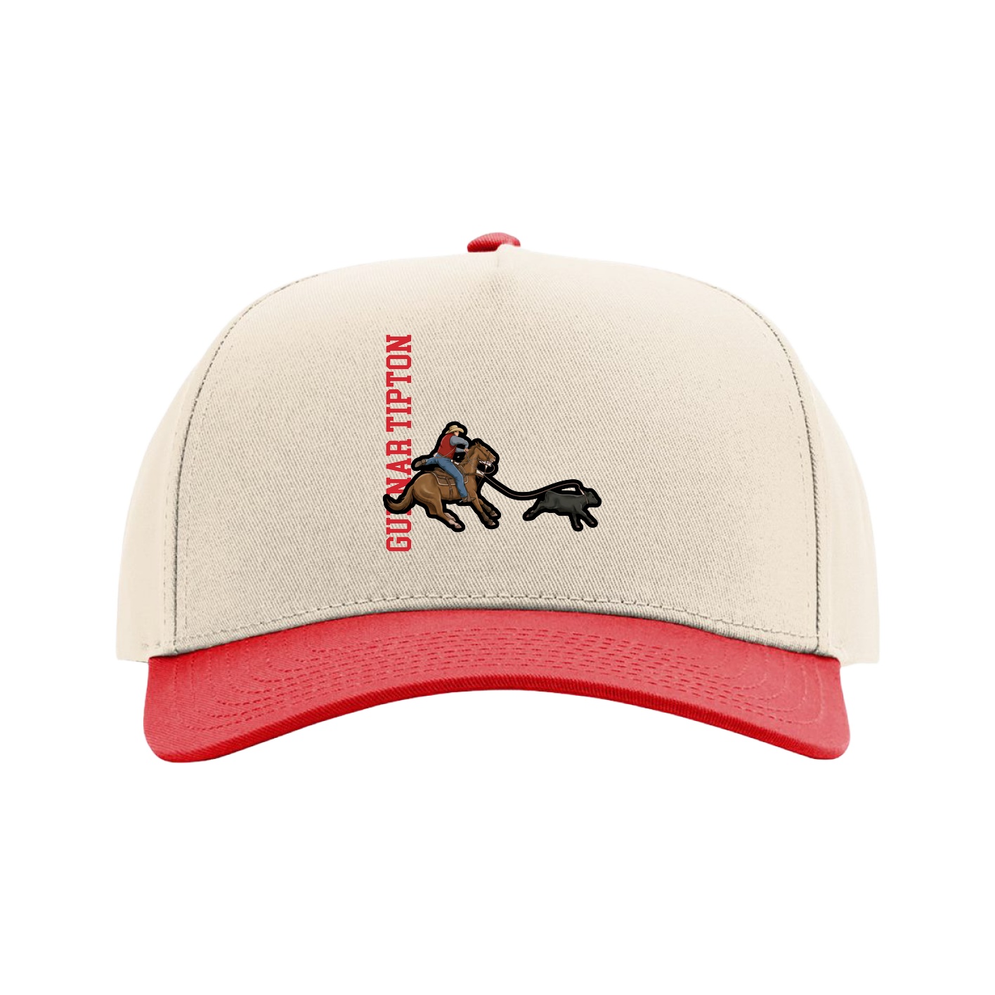 Full Fabric Five-Panel Champ Cap — Name Vertical in Cream/Red