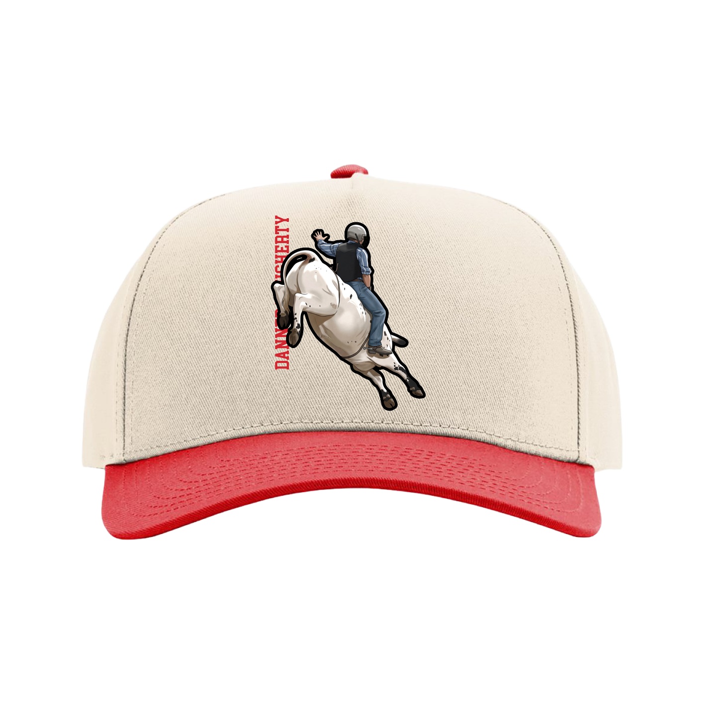 Full Fabric Five-Panel Champ Cap — Name Vertical in Cream/Red