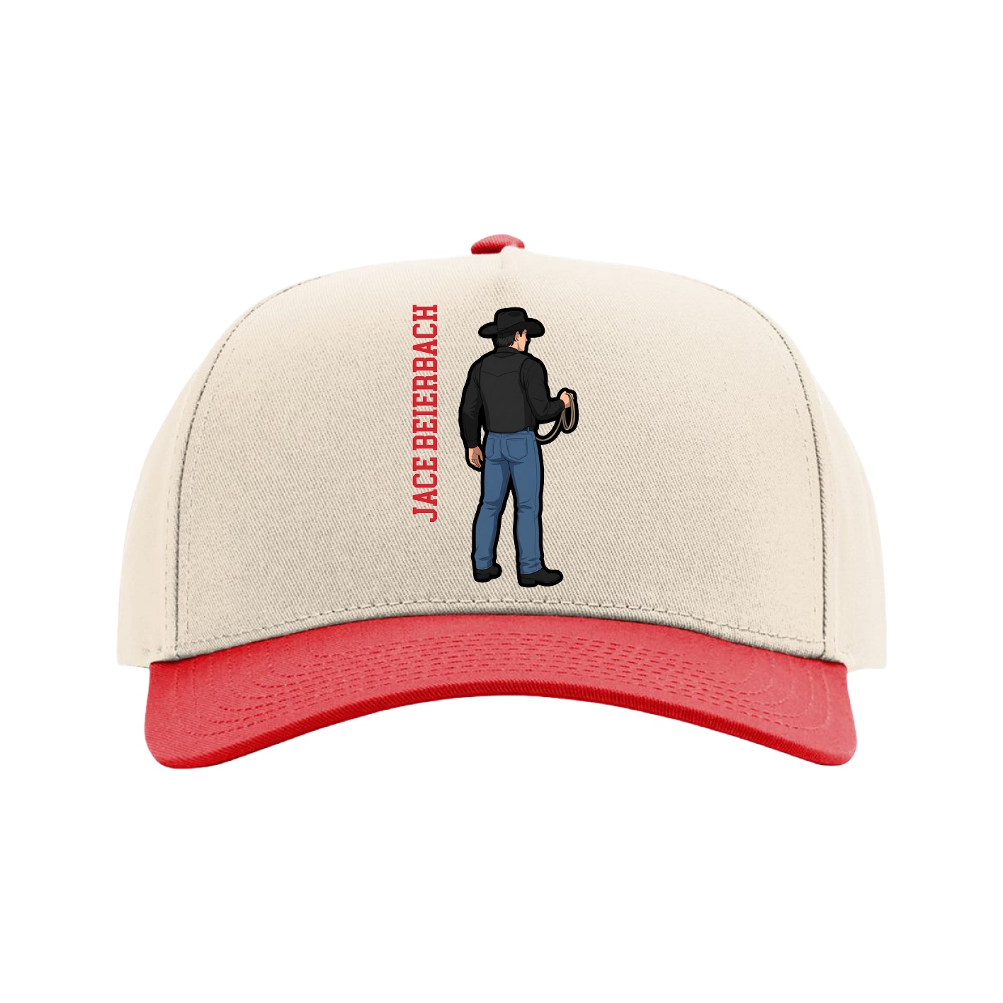 Full Fabric Five-Panel Champ Cap — Name Vertical in Cream/Red