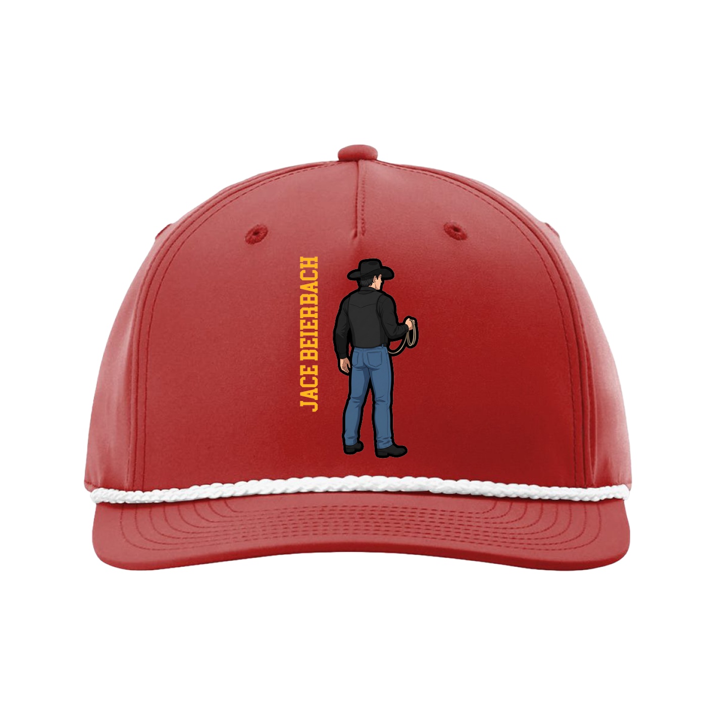 Five-Panel Classic Rope Cap — Name Vertical in Red