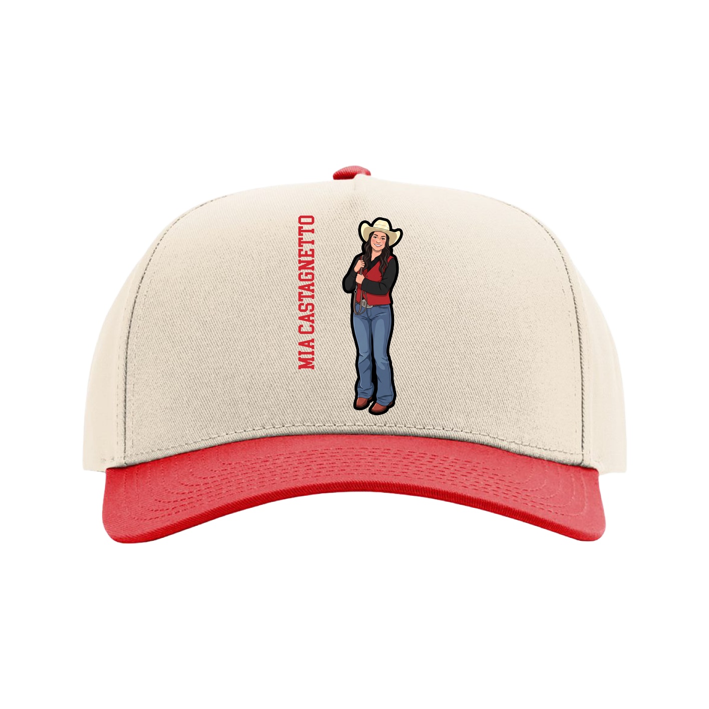 Full Fabric Five-Panel Champ Cap — Name Vertical in Cream/Red