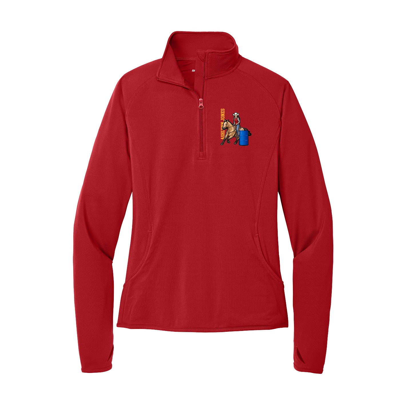 Women's Q-Zip Pullover — Name Vertical in Red