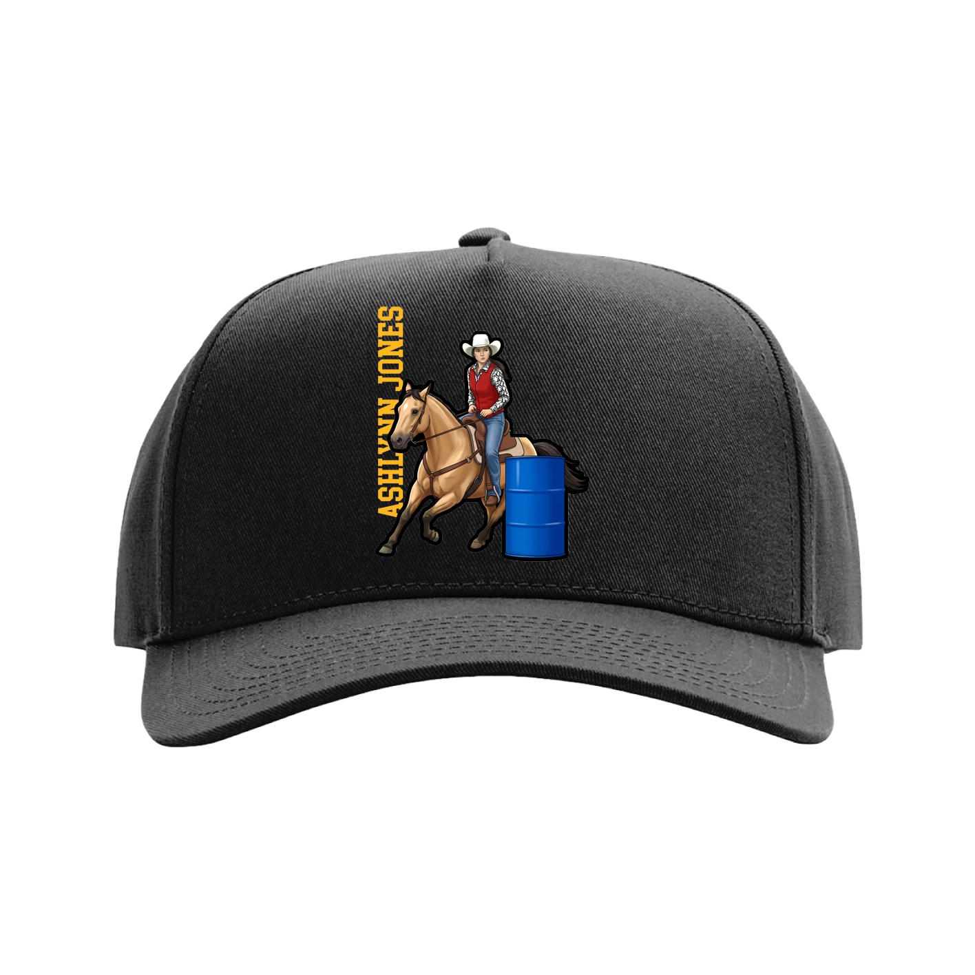 Full Fabric Five-Panel Champ Cap — Name Vertical in Black