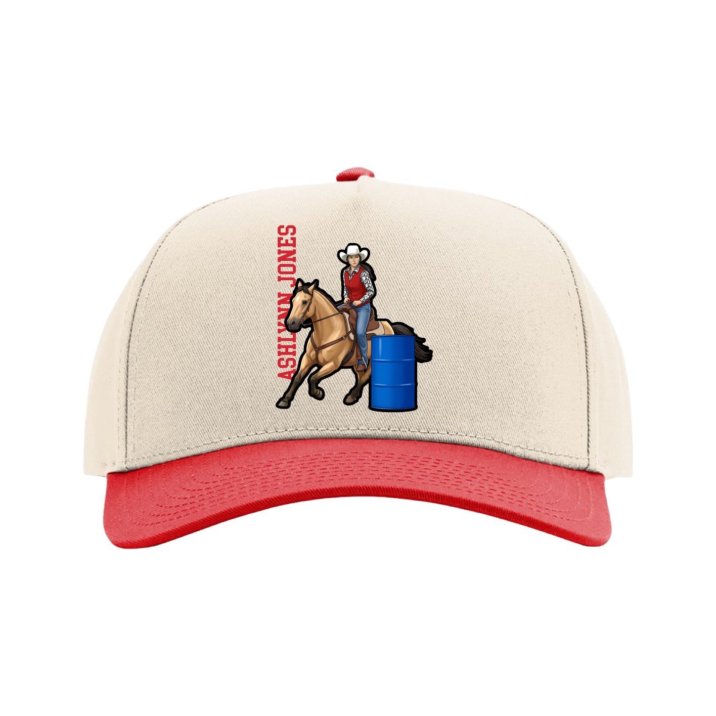Full Fabric Five-Panel Champ Cap — Name Vertical in Cream/Red