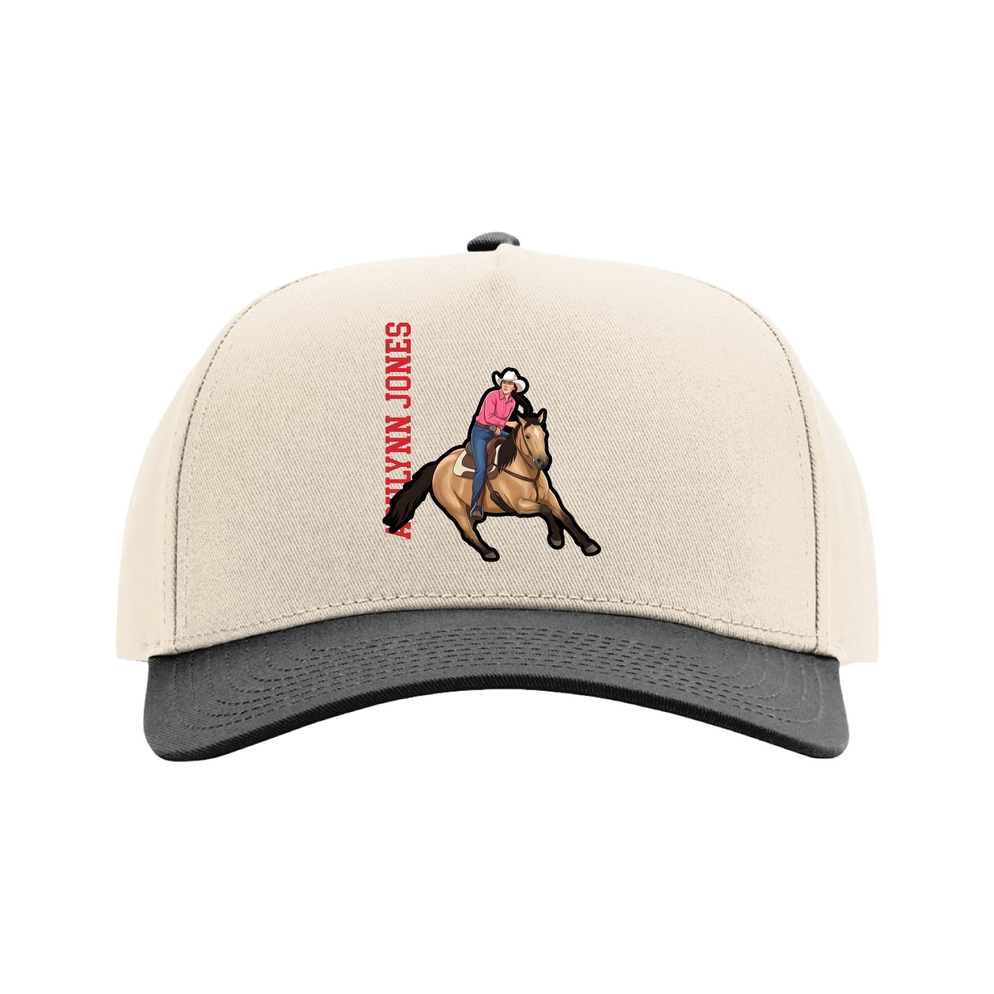 Full Fabric Five-Panel Champ Cap — Name Vertical in Cream/Black