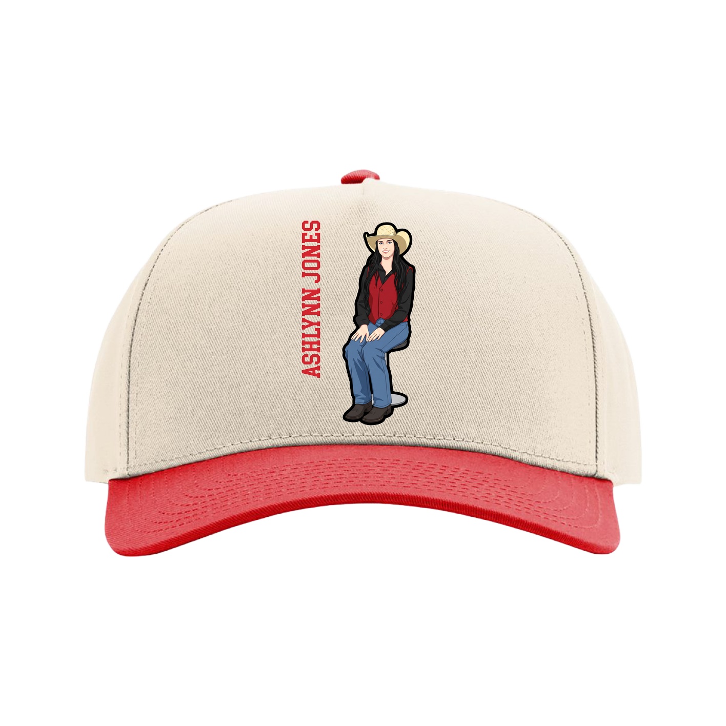 Full Fabric Five-Panel Champ Cap — Name Vertical in Cream/Red