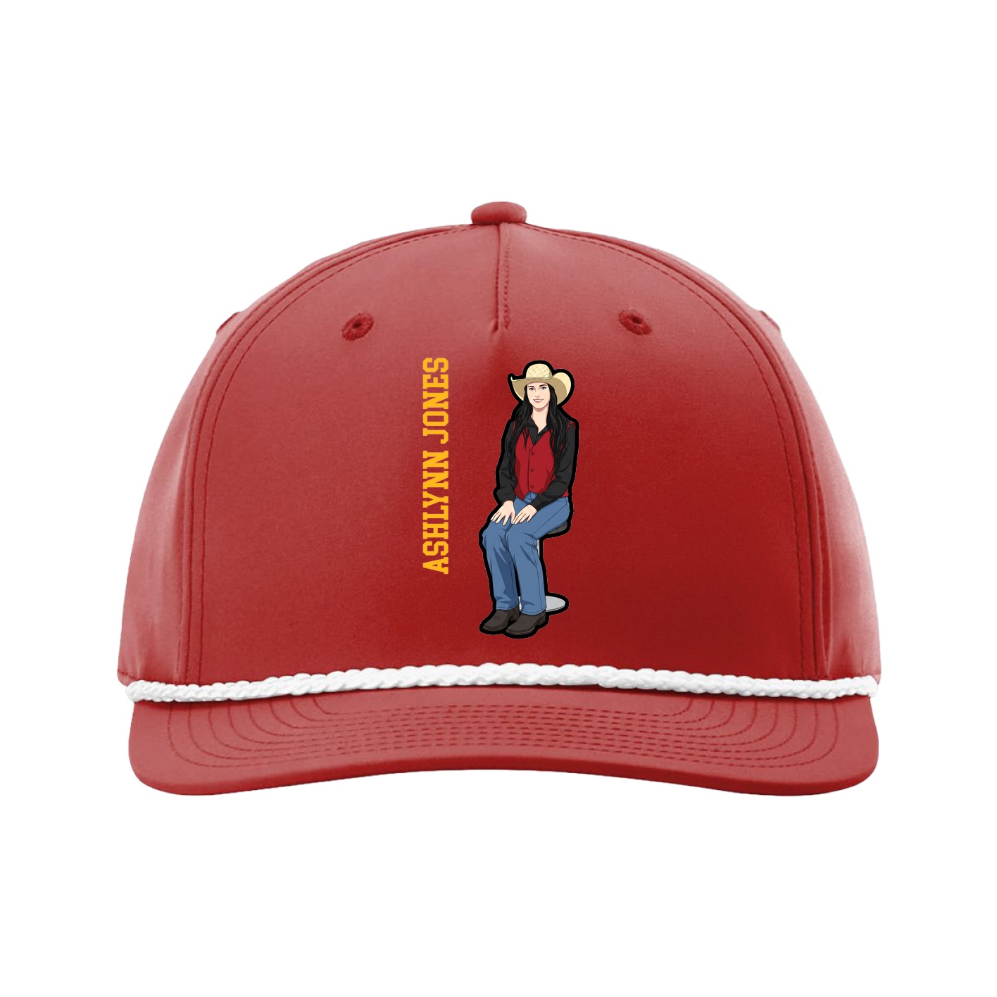 Five-Panel Classic Rope Cap — Name Vertical in Red