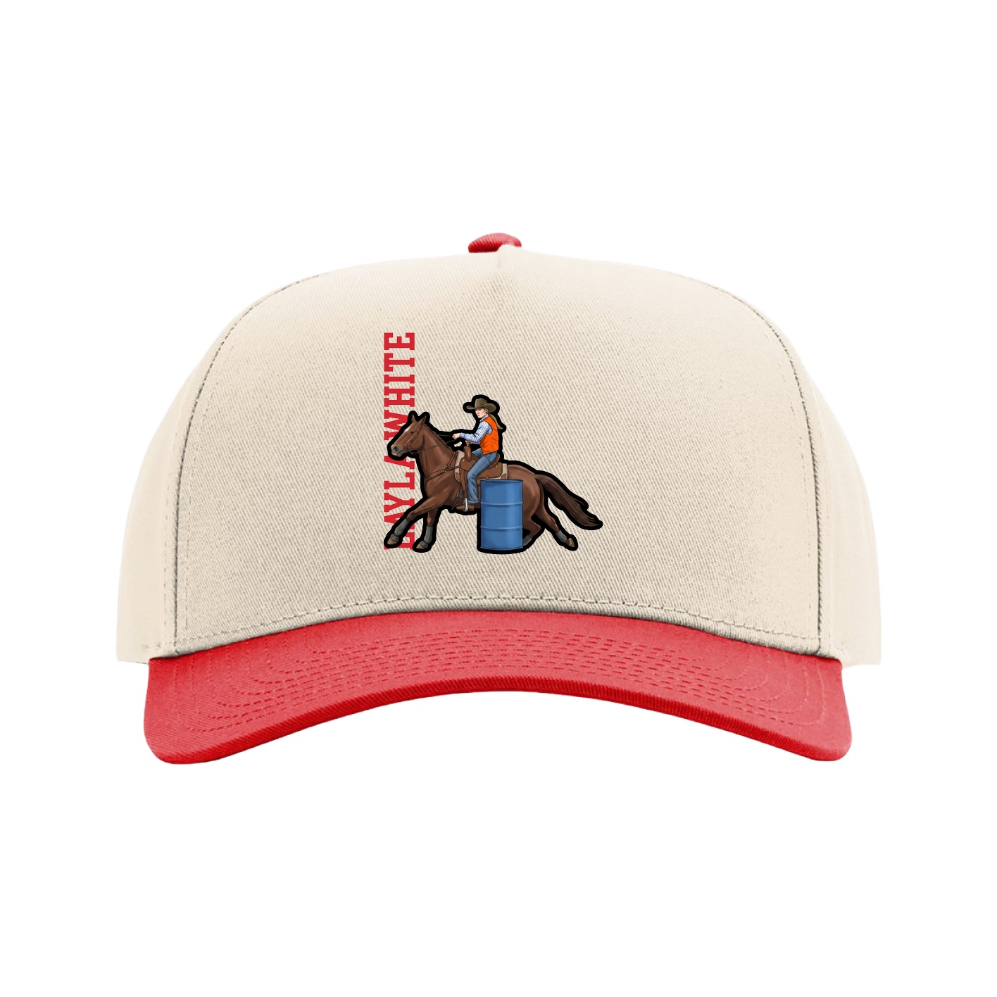 Full Fabric Five-Panel Champ Cap — Name Vertical in Cream/Red
