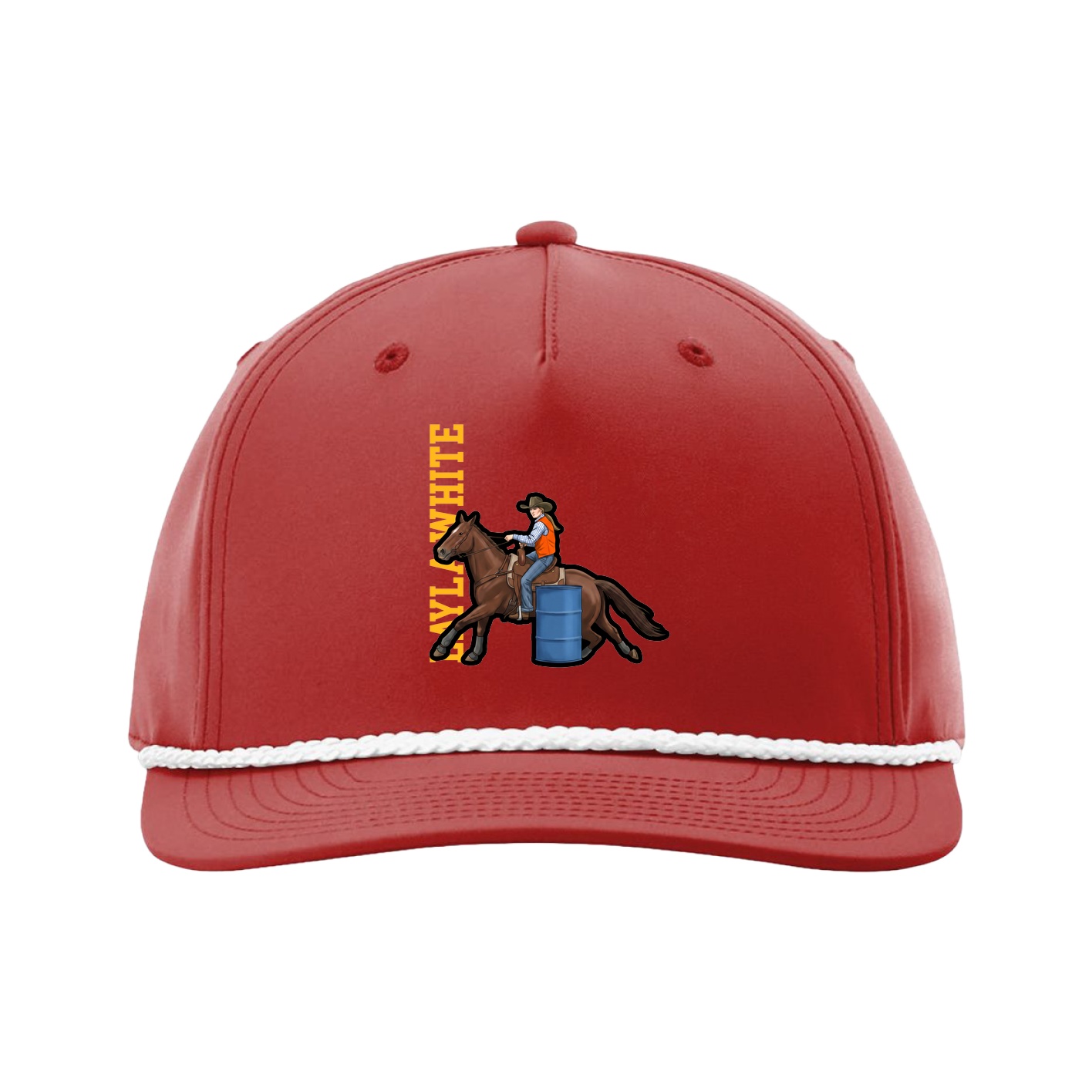 Five-Panel Classic Rope Cap — Name Vertical in Red