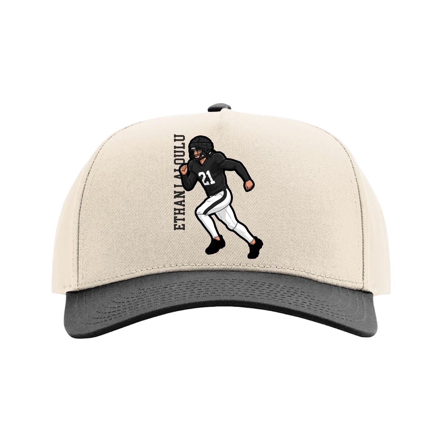 Full Fabric Five-Panel Champ Cap — Name Vertical in Cream/Black