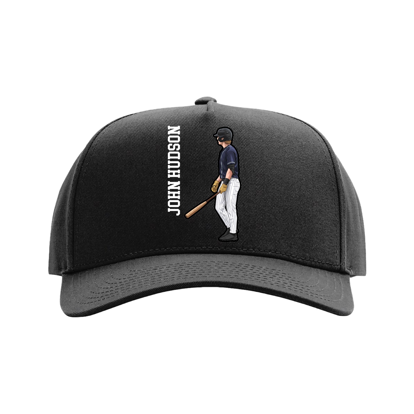 Full Fabric Five-Panel Champ Cap — Name Vertical in Black