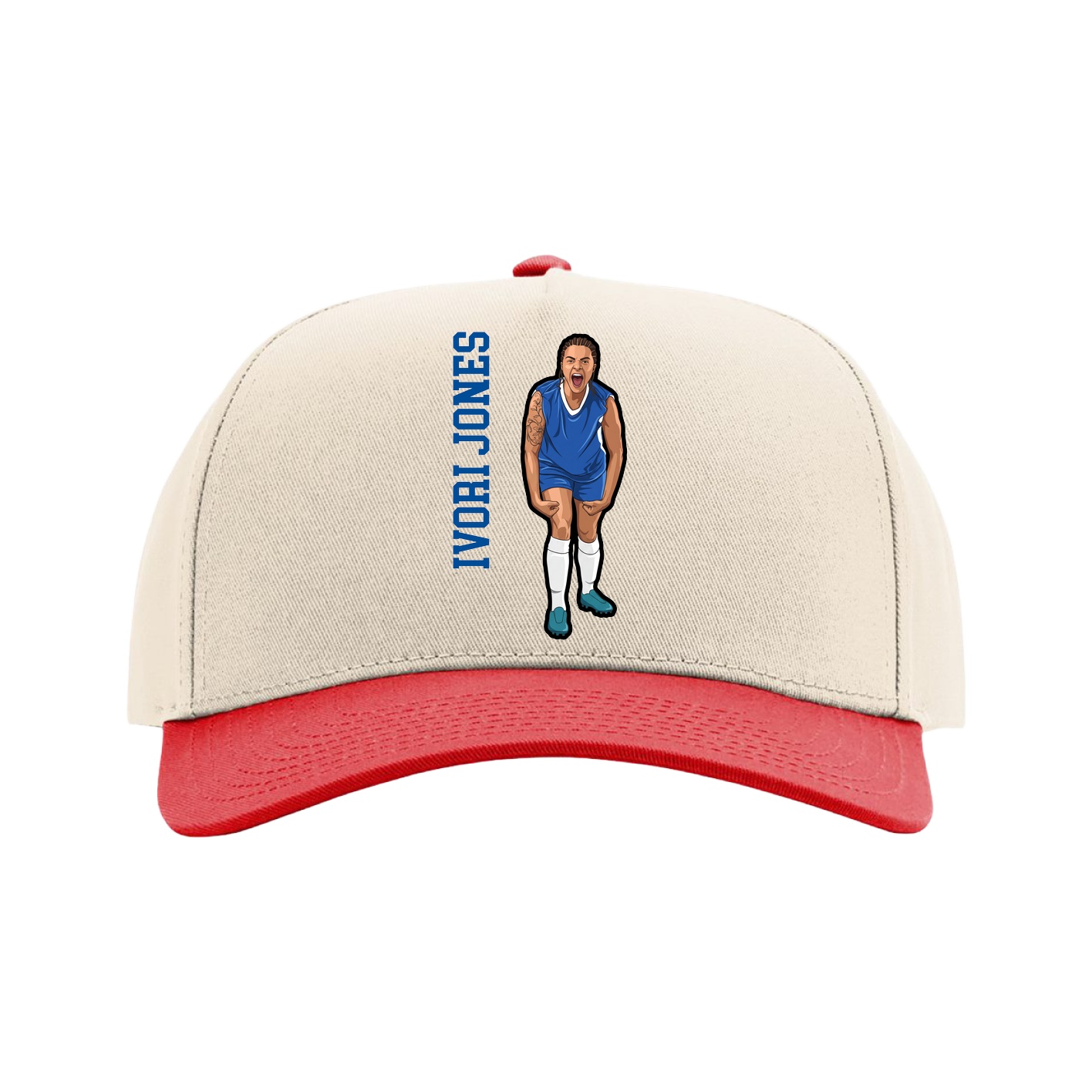 Full Fabric Five-Panel Champ Cap — Name Vertical in Cream/Red