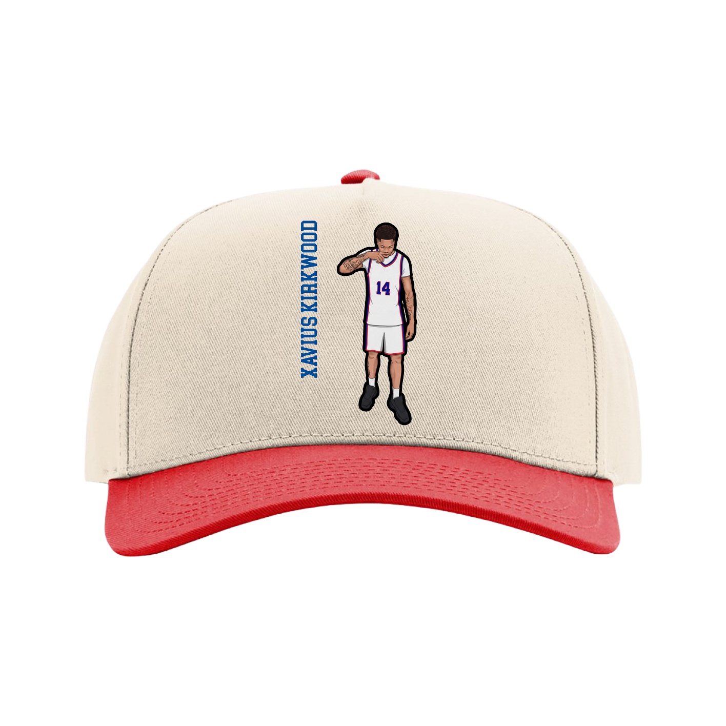 Full Fabric Five-Panel Champ Cap — Name Vertical in Cream/Red
