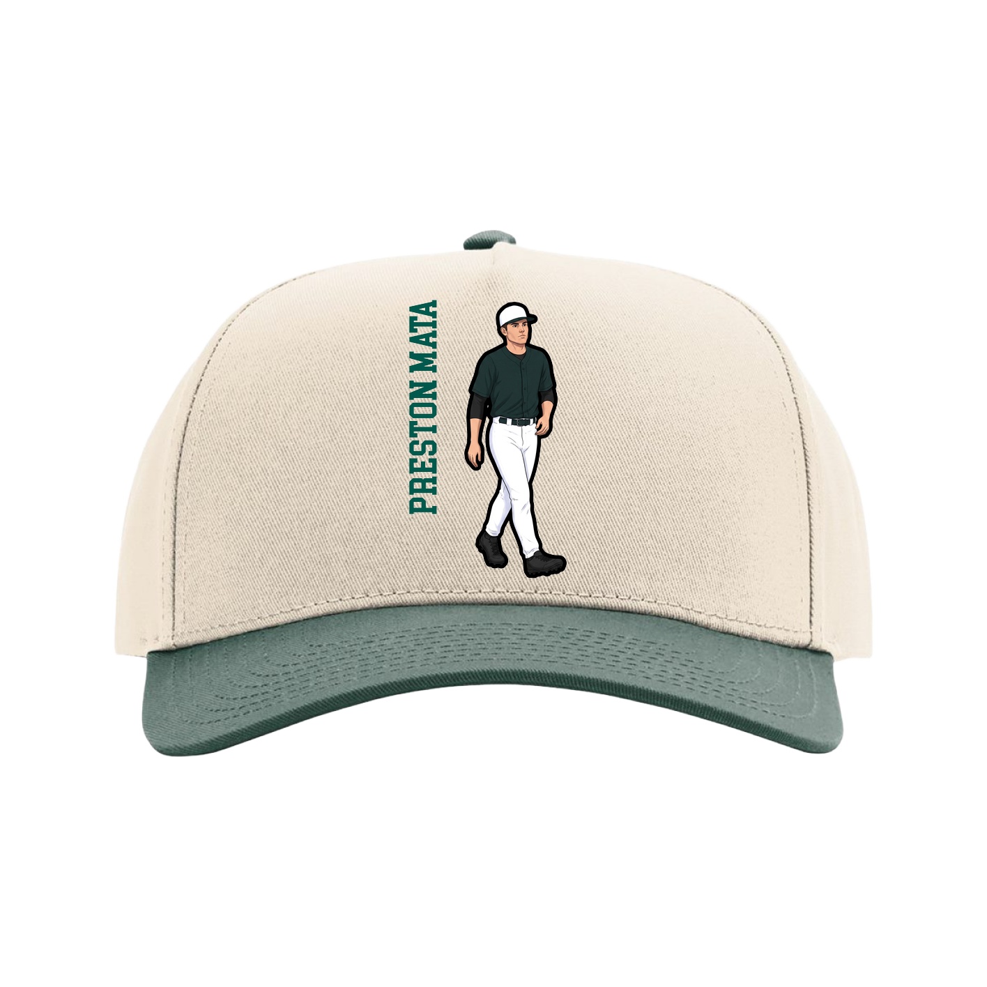 Full Fabric Five-Panel Champ Cap — Name Vertical in Cream/Green
