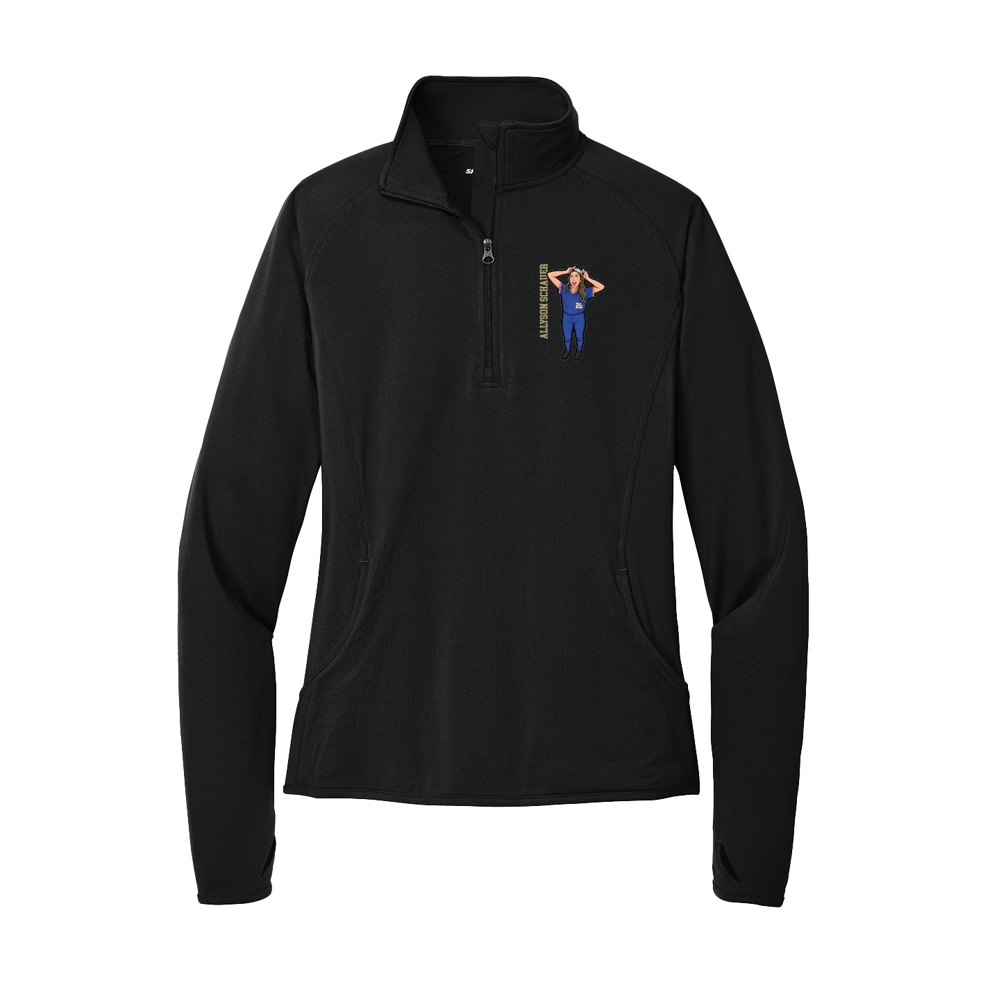 Women's Q-Zip Pullover — Name Vertical in Black