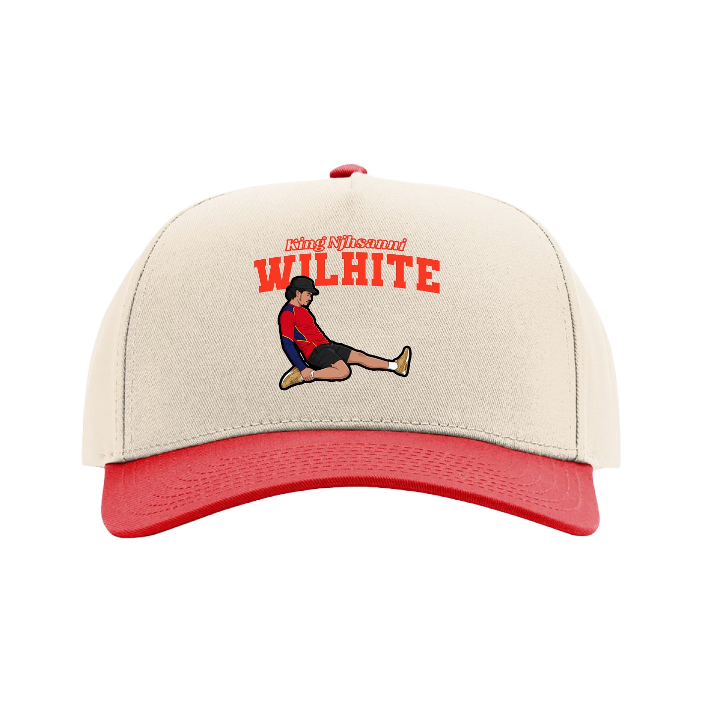 Full Fabric Five-Panel Champ Cap — Name Arch in Cream/Red