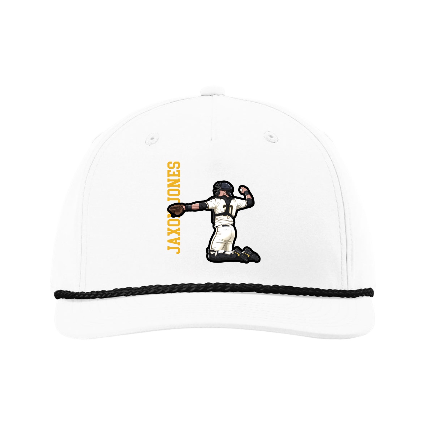 Five-Panel Classic Rope Cap — Name Vertical in White