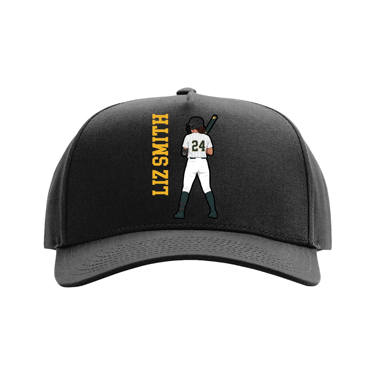 Full Fabric Five-Panel Champ Cap — Name Vertical in Black