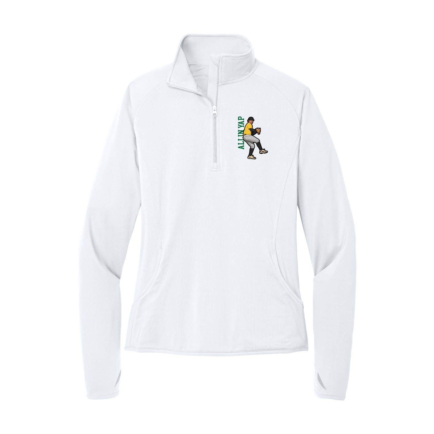 Women's Q-Zip Pullover — Name Vertical in White
