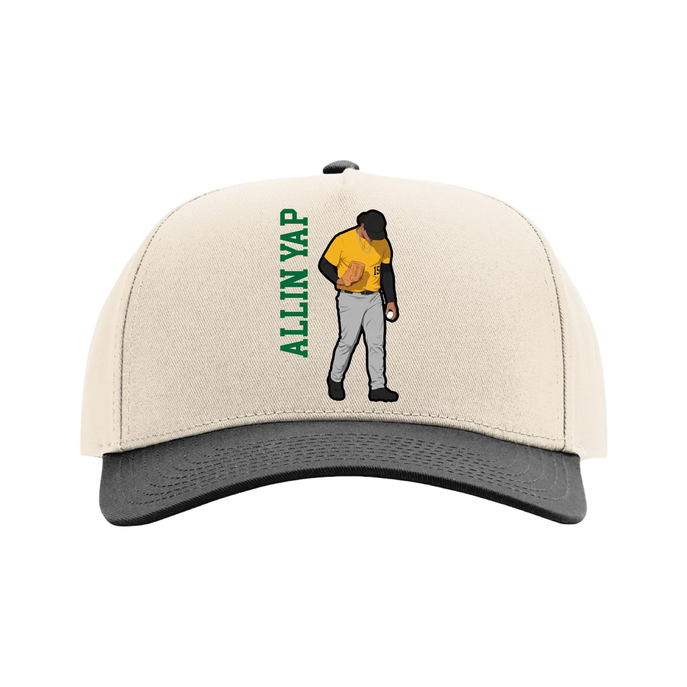 Full Fabric Five-Panel Champ Cap — Name Vertical in Cream/Black