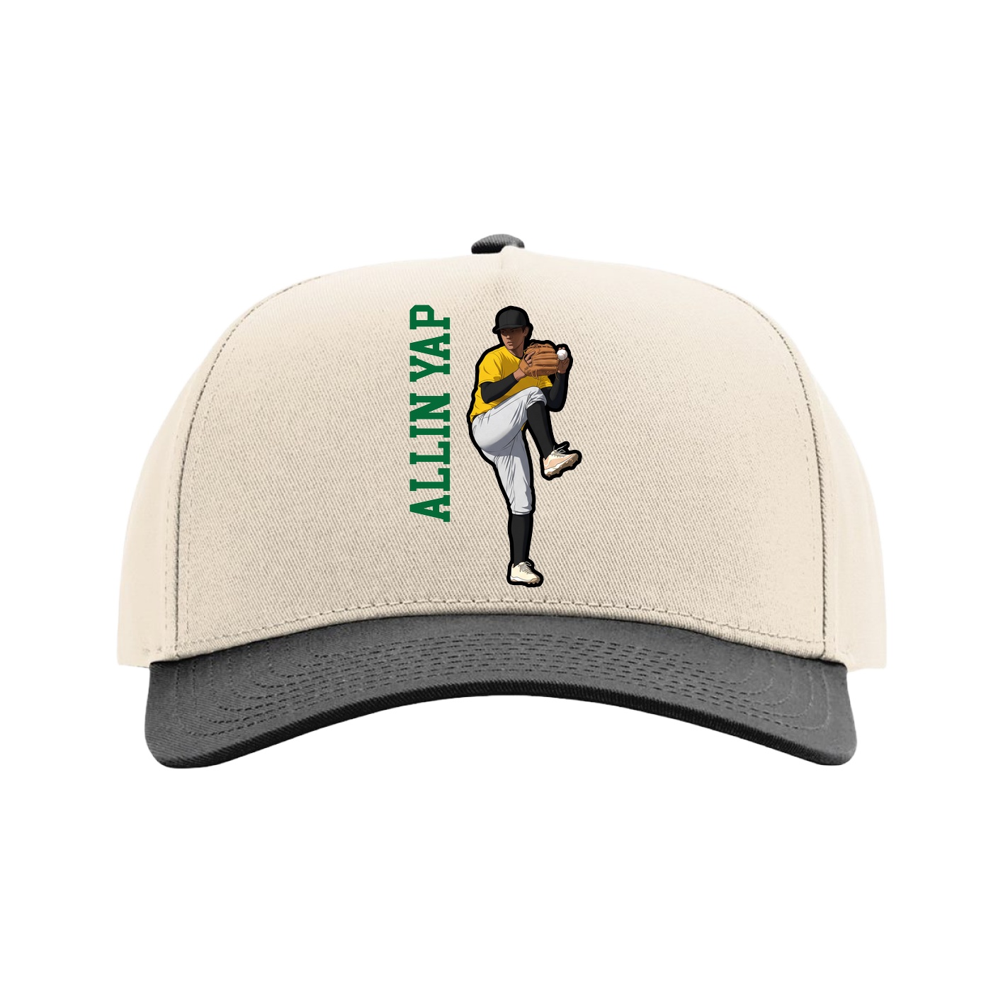 Full Fabric Five-Panel Champ Cap — Name Vertical in Cream/Black