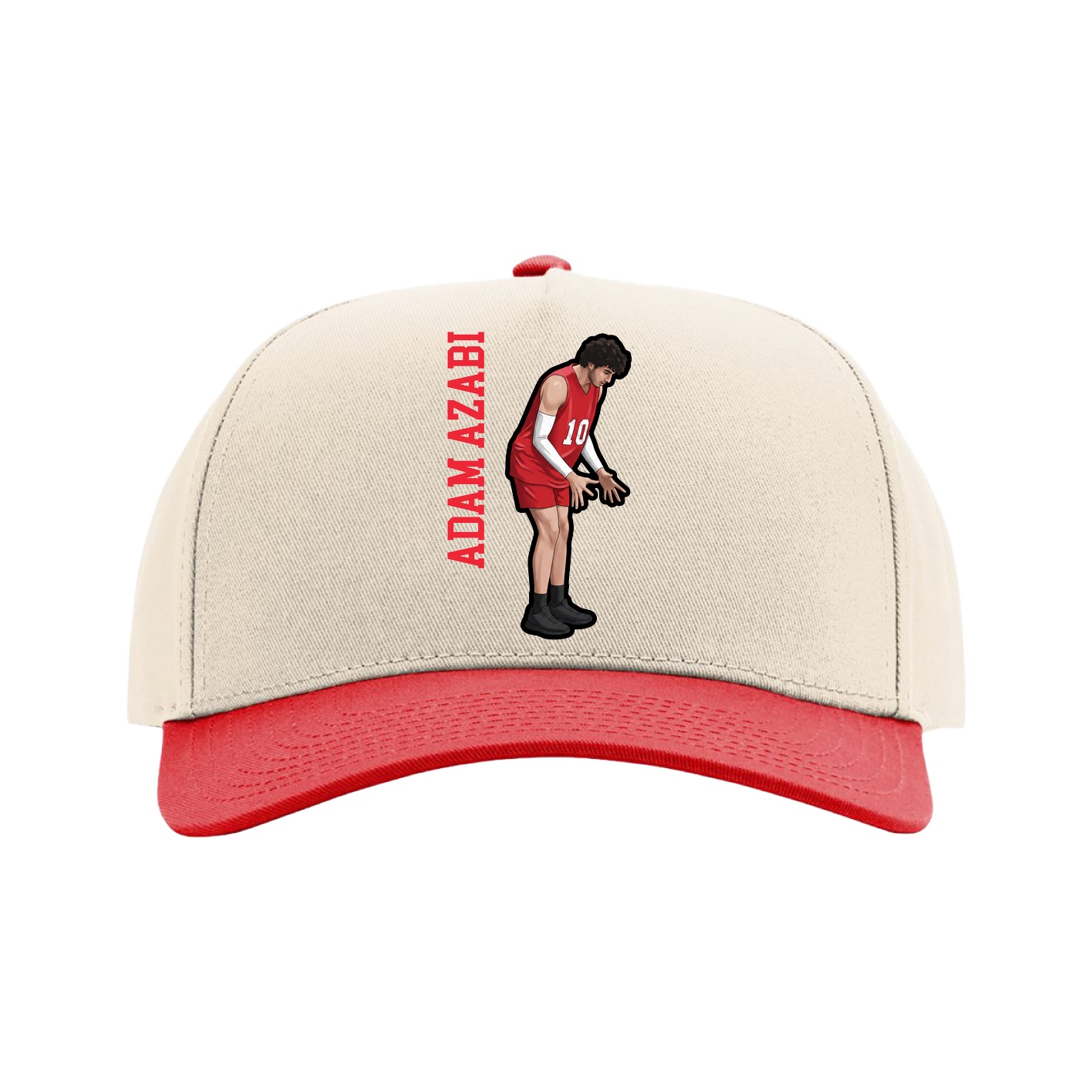 Full Fabric Five-Panel Champ Cap — Name Vertical in Cream/Red