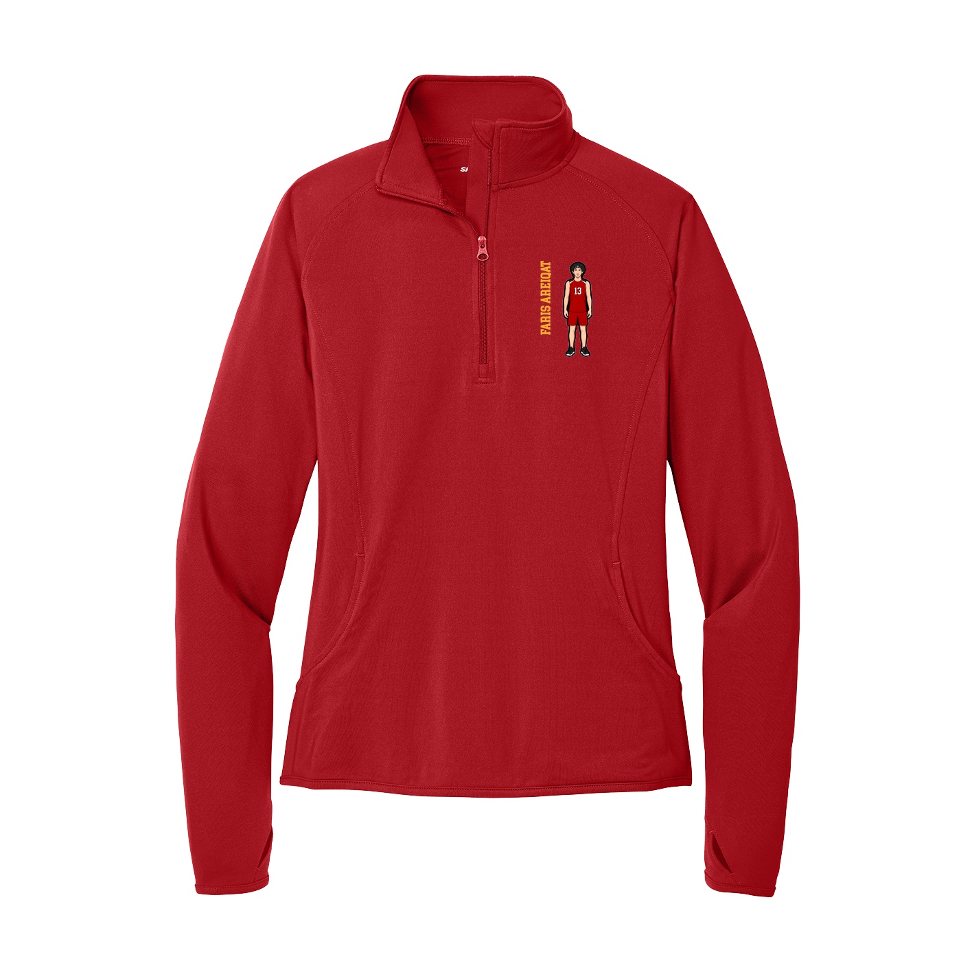 Women's Q-Zip Pullover — Name Vertical in Red