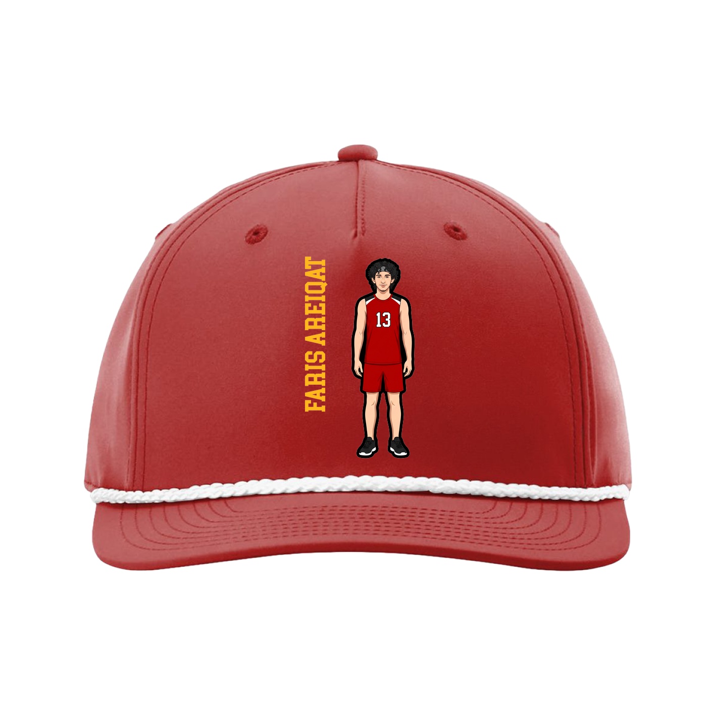 Five-Panel Classic Rope Cap — Name Vertical in Red