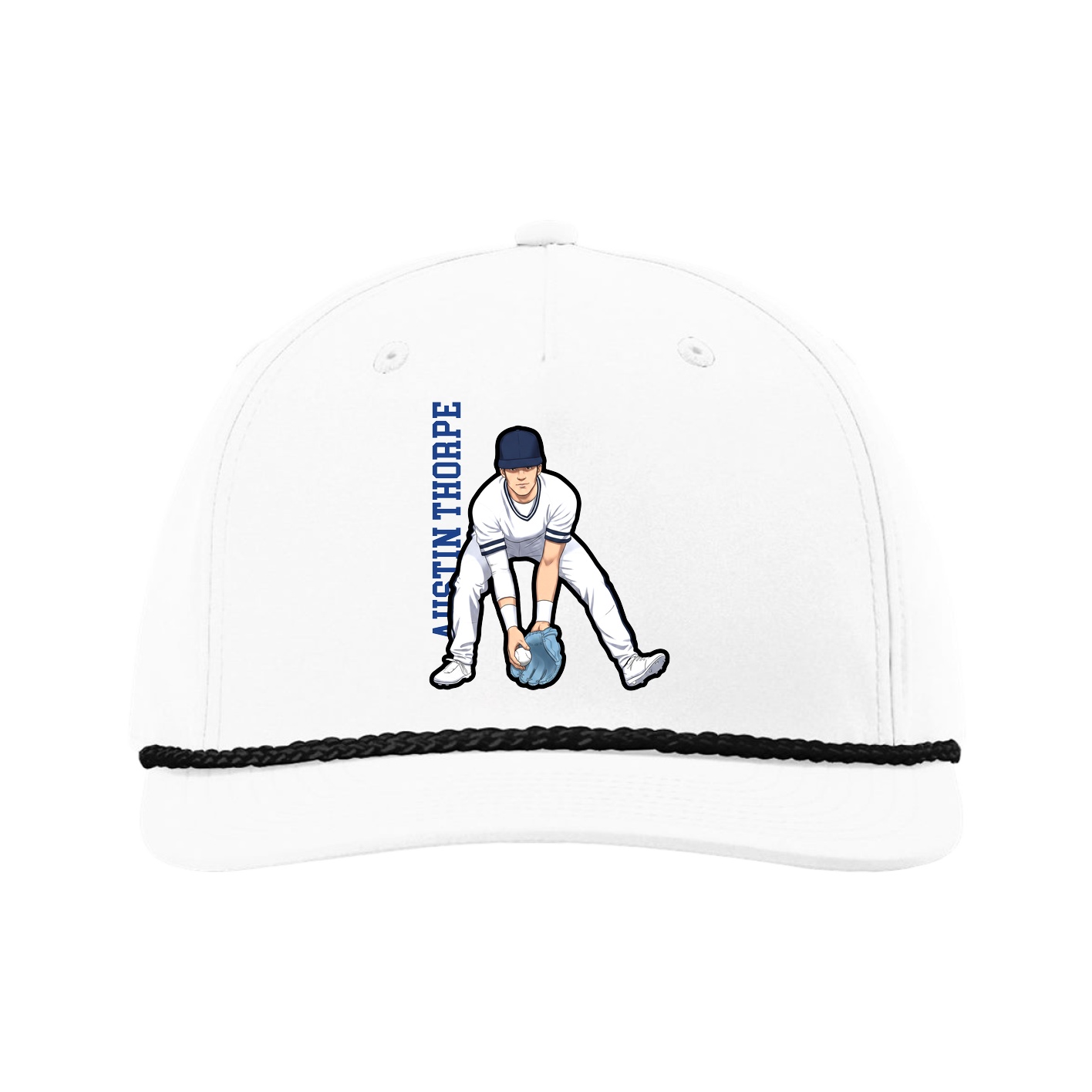 Five-Panel Classic Rope Cap — Name Vertical in White