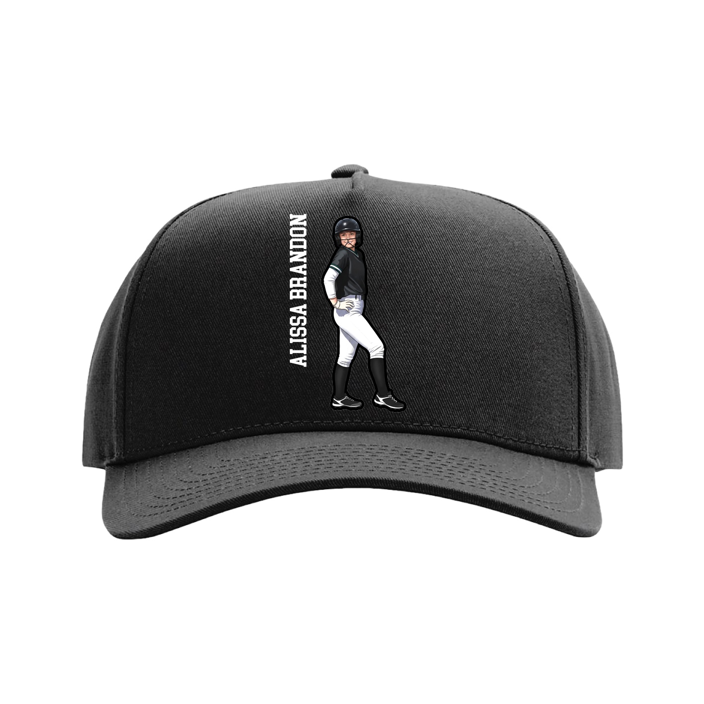 Full Fabric Five-Panel Champ Cap — Name Vertical in Black