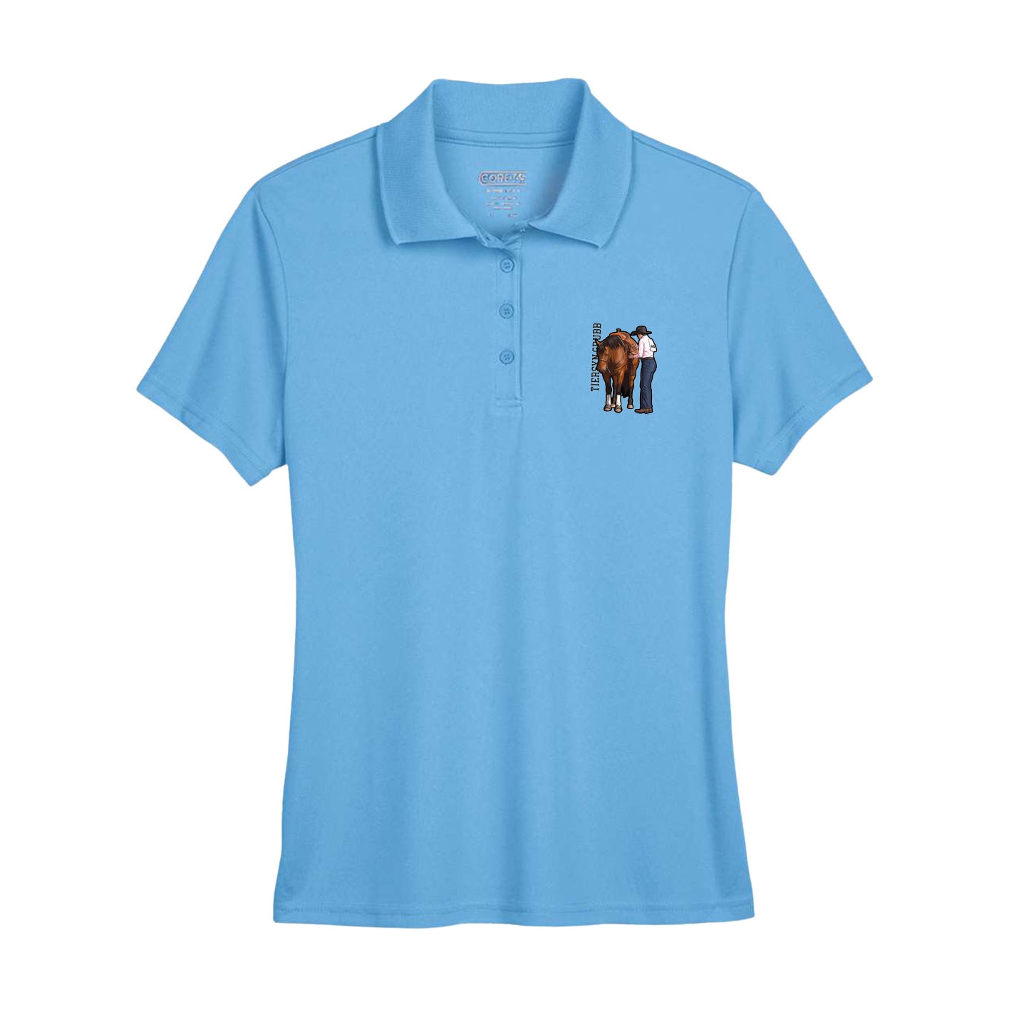 Womens Performance Polo — Name Vertical in Powder Blue