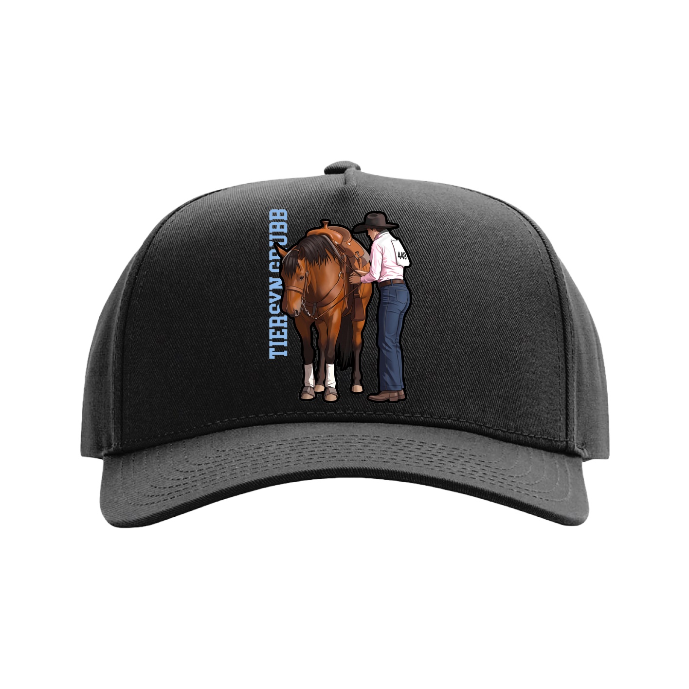 Full Fabric Five-Panel Champ Cap — Name Vertical in Black