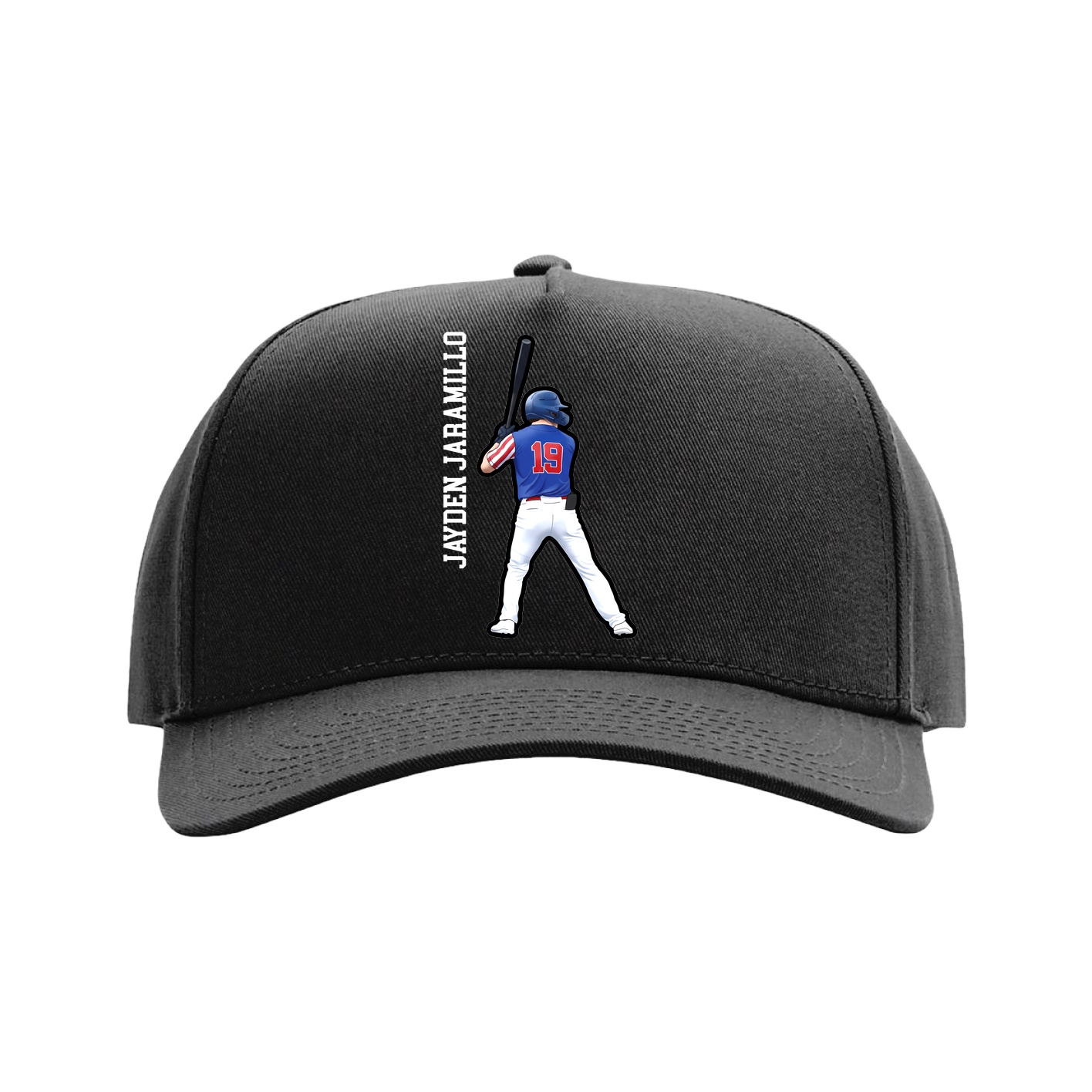 Full Fabric Five-Panel Champ Cap — Name Vertical in Black