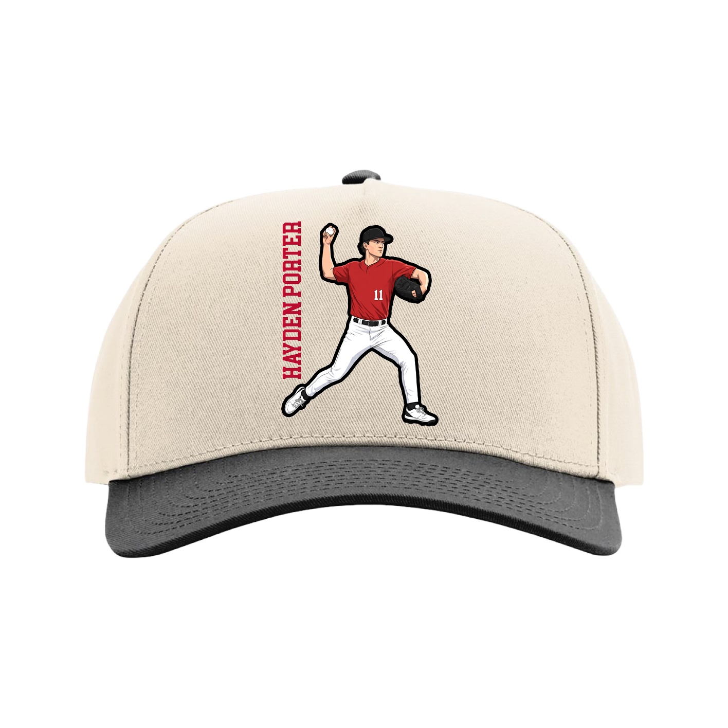 Full Fabric Five-Panel Champ Cap — Name Vertical in Cream/Black
