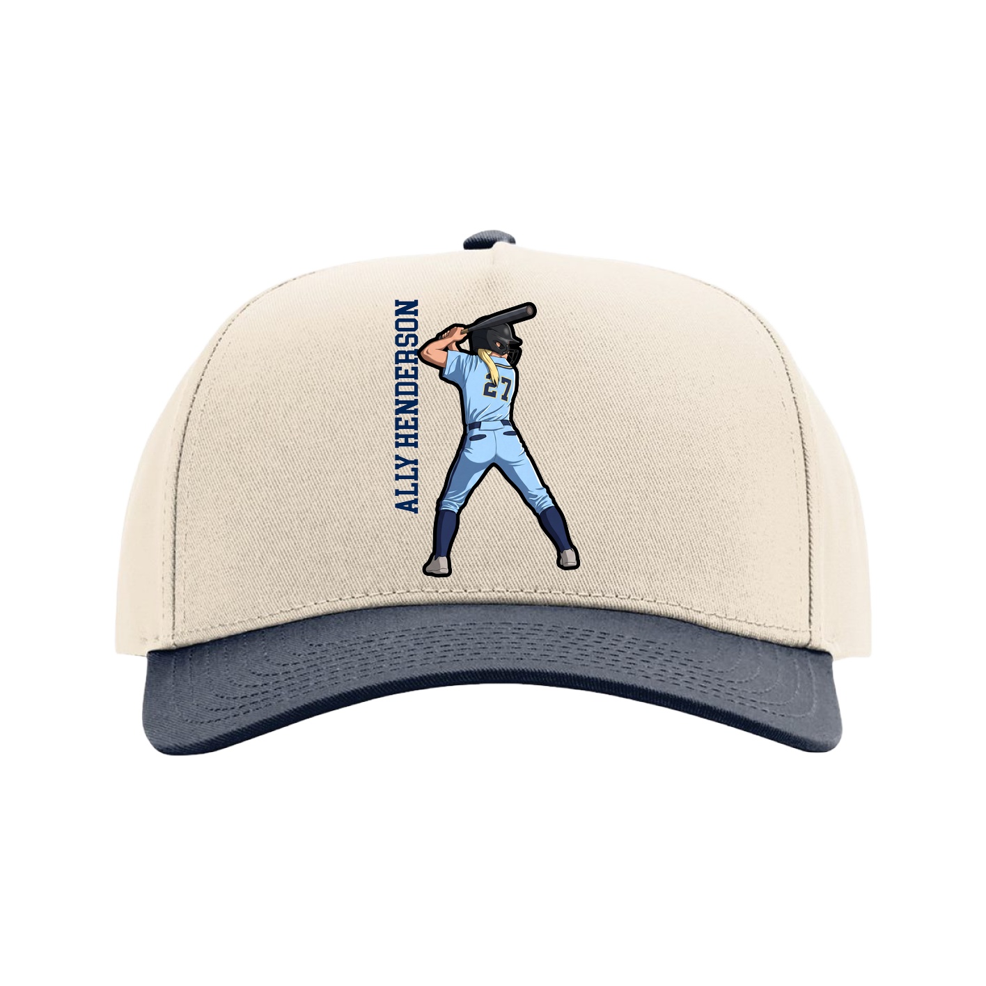 Full Fabric Five-Panel Champ Cap — Name Vertical in Cream/Navy