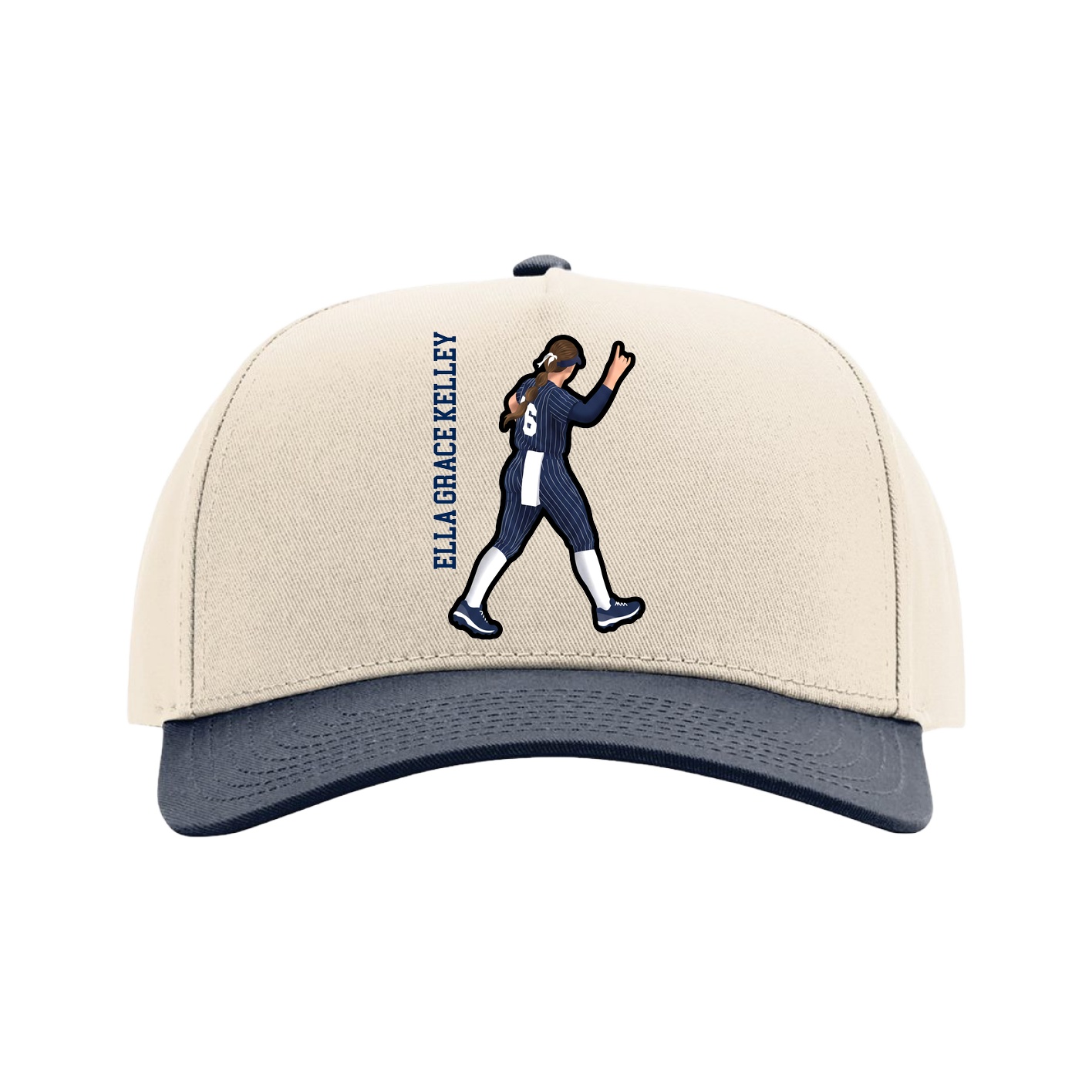 Full Fabric Five-Panel Champ Cap — Name Vertical in Cream/Navy