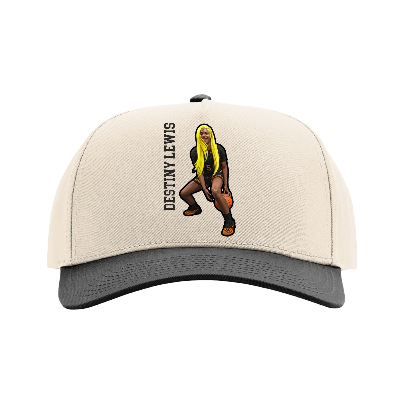 Full Fabric Five-Panel Champ Cap — Name Vertical in Cream/Black
