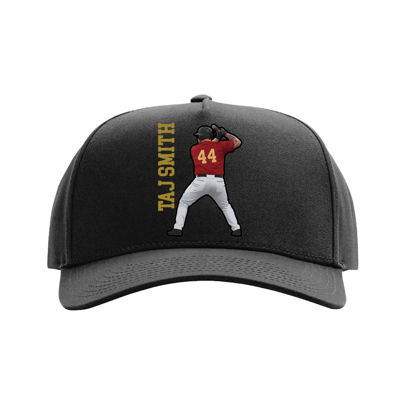 Full Fabric Five-Panel Champ Cap — Name Vertical in Black
