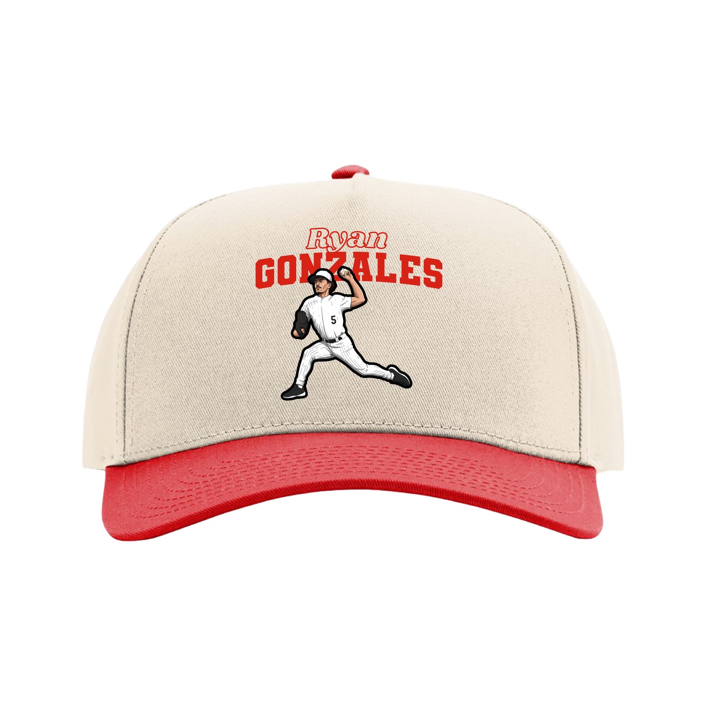 Full Fabric Five-Panel Champ Cap — Name Arch in Cream/Red