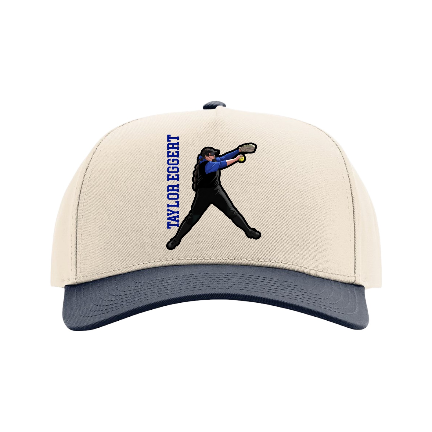 Full Fabric Five-Panel Champ Cap — Name Vertical in Cream/Navy