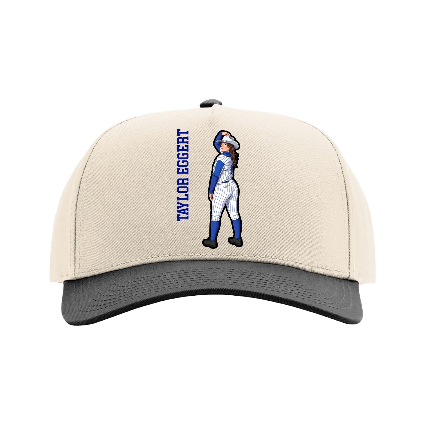 Full Fabric Five-Panel Champ Cap — Name Vertical in Cream/Black