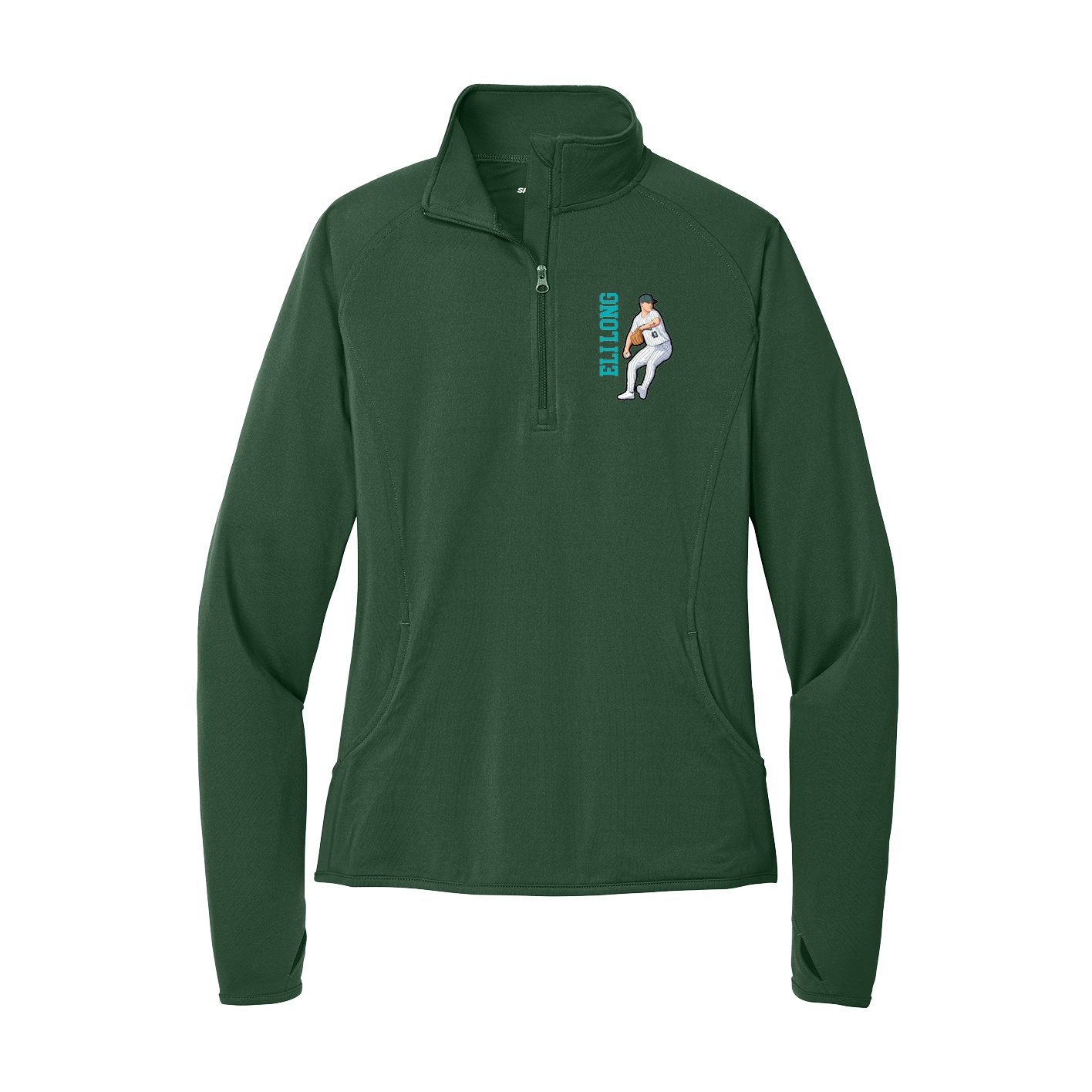 Women's Q-Zip Pullover — Name Vertical in Green