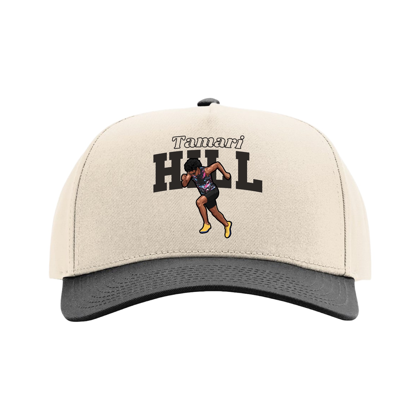 Full Fabric Five-Panel Champ Cap — Name Arch in Cream/Black