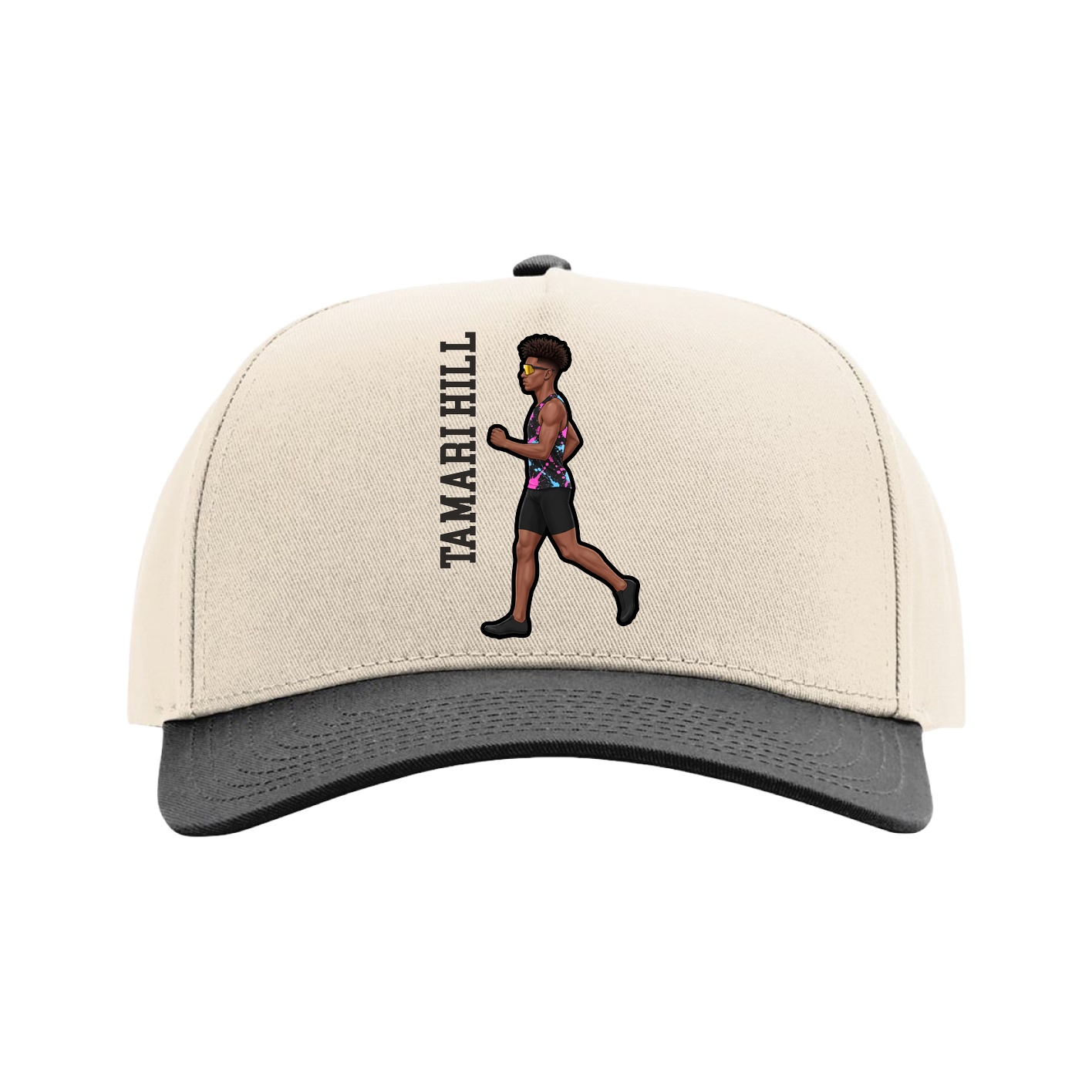 Full Fabric Five-Panel Champ Cap — Name Vertical in Cream/Black