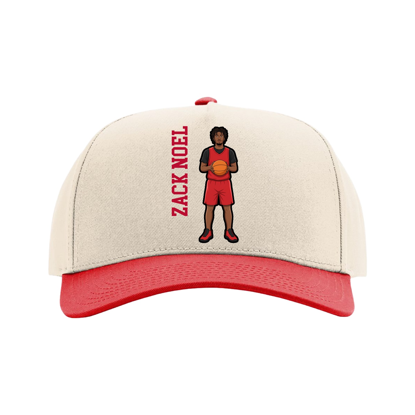 Full Fabric Five-Panel Champ Cap — Name Vertical in Cream/Red