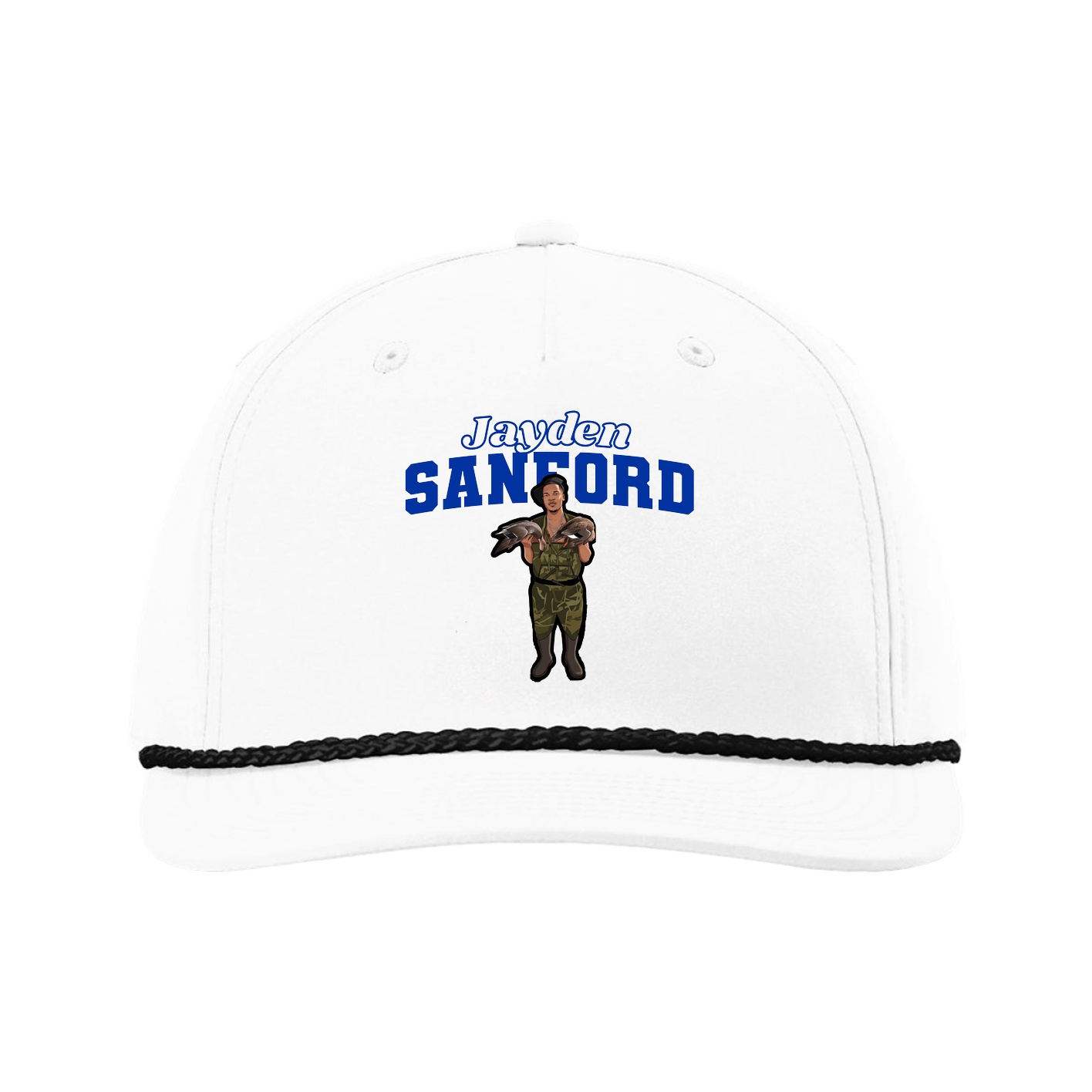 Five-Panel Classic Rope Cap — Name Arch in White