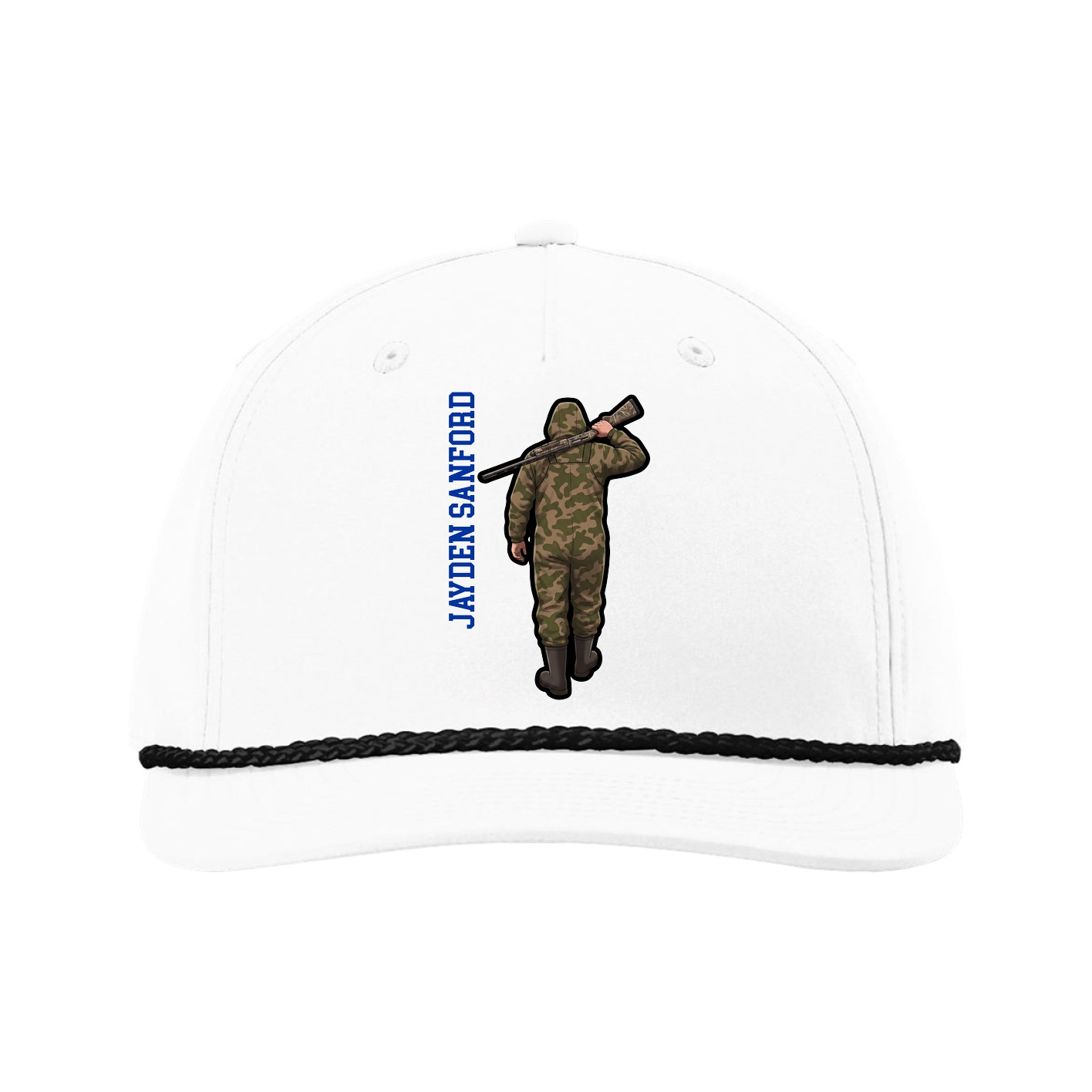 Five-Panel Classic Rope Cap — Name Vertical in White