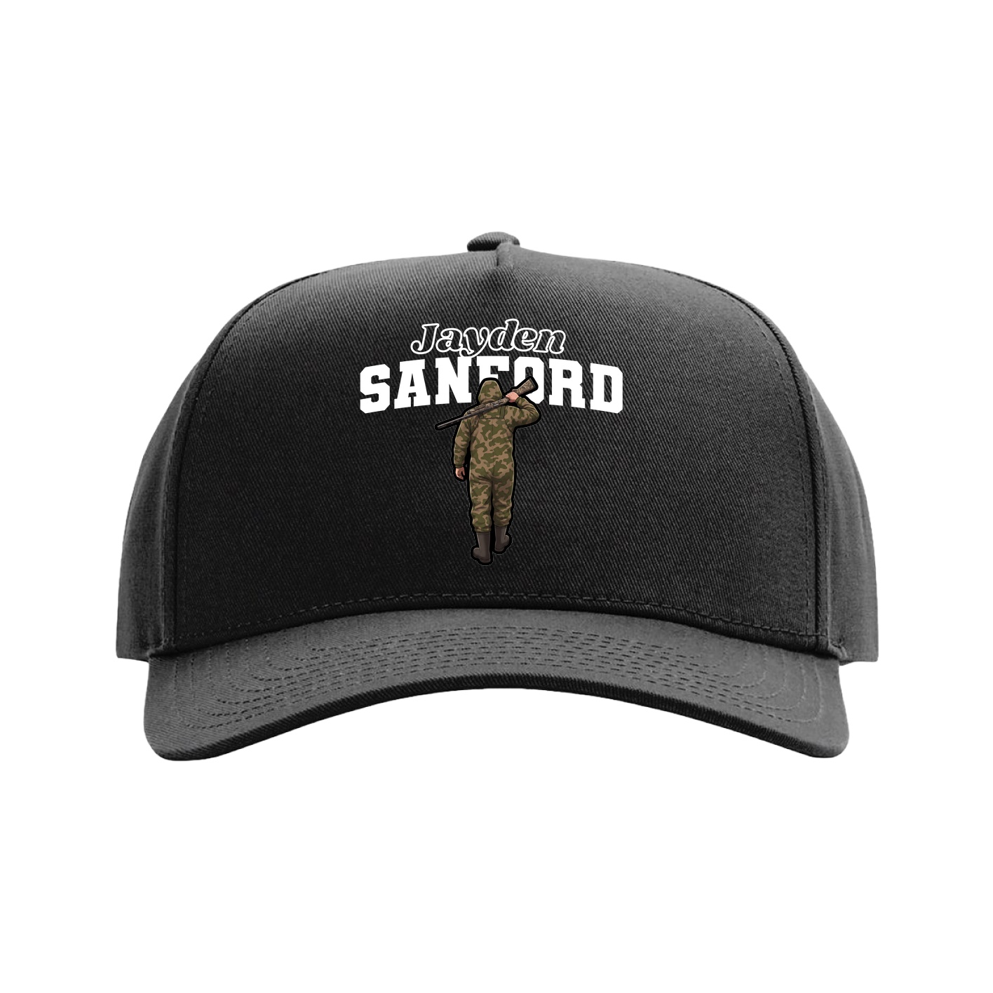 Full Fabric Five-Panel Champ Cap — Name Arch in Black