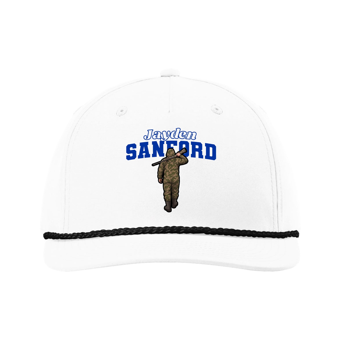 Five-Panel Classic Rope Cap — Name Arch in White