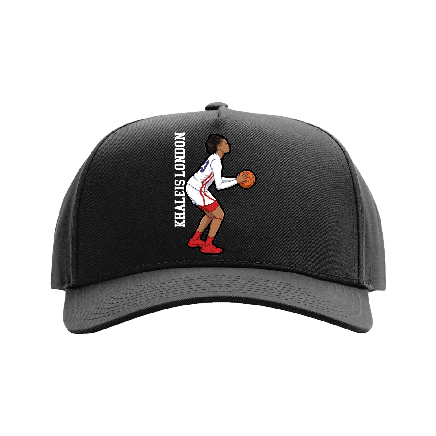 Full Fabric Five-Panel Champ Cap — Name Vertical in Black